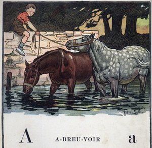 子どもの本「I will read - パパによる方法的で楽しいアルファベット」1926年。ロベール・サレス（1871-1929）のイラスト。アベセダリー：Drinking WaterとしてのAの文字。2頭の馬が水を飲んでいます。 作： Robert Salles