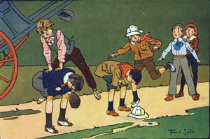 ジャンプ羊。E.ウェーバーの「What are we playing?「ロベール・サレス（1871-1929）の水彩画によるE.ウェーバー作。パリ、ガルニエ・フレール社（Librairie Garnier Freres 作： Robert Salles