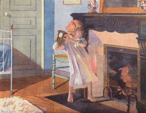 暖炉のそばで時計を持つ少女（カラーリトグラフ）