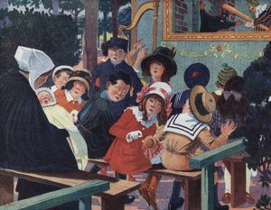 人形劇。ギニョール劇場の子供たちは、泣いている赤ん坊によって錯乱する。ロベール・サレス（1871-1929）による「Je sais Lire」の挿絵。