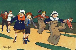 バッグレース。E.ウェーバーの「What are we playing?「ロベール・サレス（1871-1929）の水彩画によるE.ウェーバーの作品。パリ、ガルニエ・フレール社 作： Robert Salles