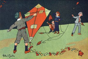飛んでいる凧のこと。E.ウェーバーの「What are we playing?「ロベール・サレス（1871-1929）の水彩画によるE.ウェーバーの作品。パリ、ガルニエ・フレール社