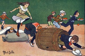 障害物競走の様子。E.ウェーバーの「What are we playing?「ロベール・サレス（1871-1929）の水彩画によるE.ウェーバーの作品。パリ、ガルニエ・フレール社 作： Robert Salles