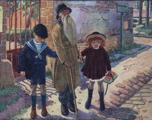 盲人の杖：二人の子供が盲人の老人の歩行を助ける。ロベール・サレス（1871-1929）による「Je sais Lire」の挿絵。