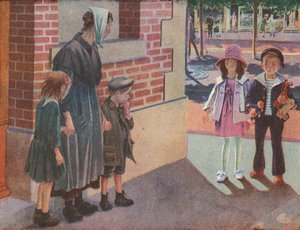 路上で物乞いをする貧しい母子に出会う2人の裕福な子供（カラーリトグラフ）