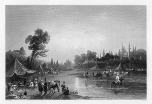 バラダ川、古代ファルパー、ダマスカス、シリア、1841年。 作： Robert Sands