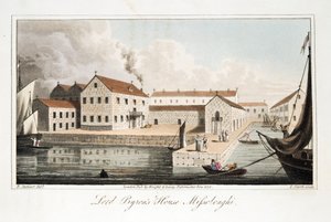 ウィリアムパリーのパブバイロン卿の最後の日からのミソロンギのバイロン卿の家。 1825年（手描きの彫刻） 作： Robert Seymour