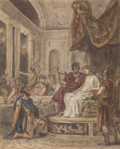 ローマの兵士が玉座に座っている女性像にひざまずく晩餐会のシーン 作： Robert Smirke