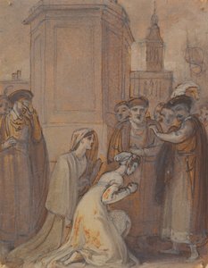 公爵の前にひざまずくイザベラとマリアナ 作： Robert Smirke