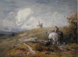 サウスダウンズで羊を走らせる（水彩・紙） 作： Robert Thorne Waite