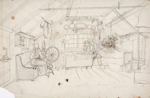 一人はベッドでコーヒーを飲み、一人はテーブルでおかゆを食べ、一人はライ麦のそばにいる。 作： Robert Wilhelm Ekman