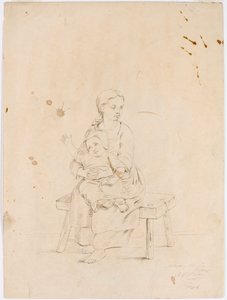 小さな子供を抱いてベンチに座る若い女性 作： Robert Wilhelm Ekman