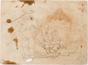 スモーランド地方の子供たち、膝に子供を乗せた女の子とその隣に立つ男の子 作： Robert Wilhelm Ekman