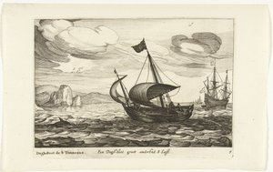 ドッグブーツのドッガー Een Dogh-boot groot about 8 Last / Dogh-Boot de 8 Tonneaux (オブジェクトのタイトル) Hollandse scheepstypen、1627年（シリーズタイトル） 様々な船 Don ton se sert dans les Unies Provinces / Icons of Various Dutch Ships which use maxi 作： Robert de Baudous (possibly)