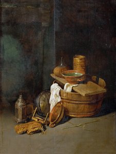 ヘッケ、ロバート・ファン・デン（1622-1668）の「料理道具のある静物」。木に油彩 作： Robert van den Hoecke