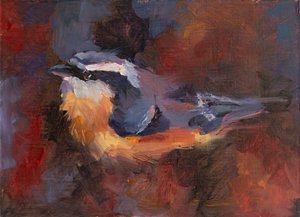 おかしな小鳥、2023年（油彩、パネル） 作： Roberta Murray
