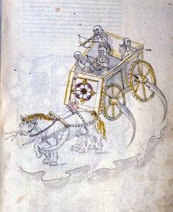 Art of War: a study of military machines.鎌を装備した戦車（技術者ロベルト・ヴァルトゥーリオ（1405-1483？）の「De re Militari」の挿絵