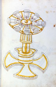 技術者ロベルト・ヴァルトゥリオ（1405-1483？）の「De re Militari」に掲載されている回転式大砲のイラスト。 作： Roberto Valturio