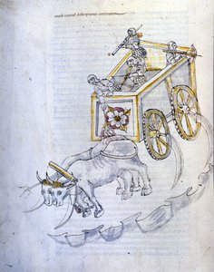 ロベルト・ヴァルトゥーリオ（1405-1483？）の「De re Militari」に掲載された、鎌を装備した戦車のイラスト。 作： Roberto Valturio