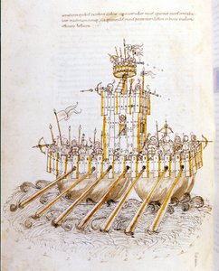 兵法：軍用機の研究、戦艦の模型。技師ロベルト・ヴァルトゥリオ（1405-1483? 作： Roberto Valturio