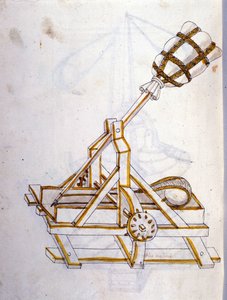 ロベルト・ヴァルトゥリオ（1405-1483）の「De re Militari」に描かれたカタパルト（カタパルト）。 作： Roberto Valturio