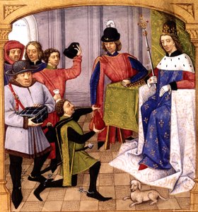 税金を受け取るフランスの親族フィリップ 5 世 (1293-1322)、1471 年に「Grandes Chroniques de France」より Robinet Testard による照明