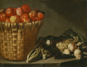 フルーツバスケット、キャベツ、フダンソウ、タマネギ (キャンバスに油彩) 作： Rodolfo Lodi