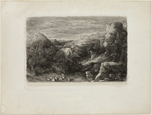 山のプールで水浴する人々 作： Rodolphe Bresdin