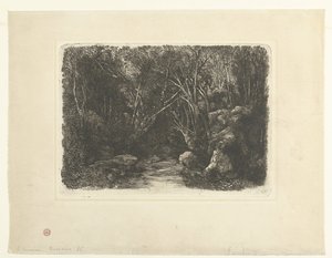 小川と張り出した木々の森の風景 ル・ルイソー・スー・ボワ 作： Rodolphe Bresdin