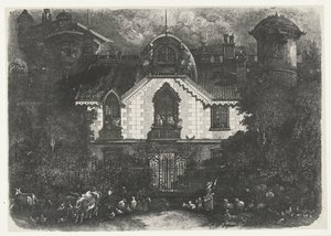 フェンスの後ろに塔と牛と羊飼いの家 ラ メゾン アンシャンテ 作： Rodolphe Bresdin