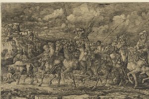 使用人や牛に囲まれた妻たちと一緒に風景の中を馬に乗って進むフン王 作： Rodolphe Bresdin