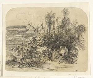 馬やラクダと一緒に休んでいる東洋人のグループのいる風景 作： Rodolphe Bresdin