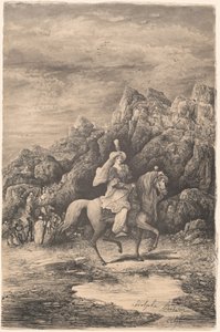 荒涼とした山の風景の中の東洋の女曲馬師 作： Rodolphe Bresdin