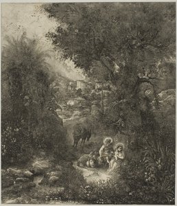 鞍をつけたロバと一緒にエジプトへの逃避行を休む 作： Rodolphe Bresdin