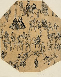 スケッチのシート：猟犬、騎手、婦人。建築要素、昆虫 作： Rodolphe Bresdin