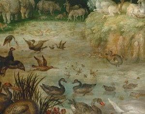 池。水を飲む動物、泳ぐアヒル、背景にはユニコーン（キャンバスに描かれた絵）