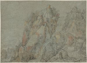 城と滝のある山岳風景 作： Roelandt Savery