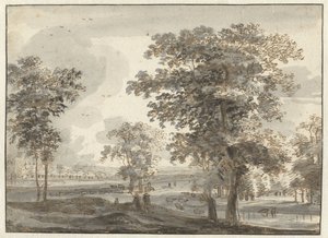 川の近くの牧夫と樹木が茂った風景 作： Roelant Roghman