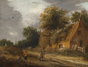 コテージ前の道を通る3人の人物 作： Roelof Jansz van Vries