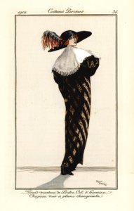 カワウソの毛皮のロングコートを着た女性、襟はエルミンカラー