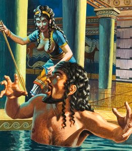 不実な妻クリュテムネストラによるアガメムノン王の殺害（紙にグワッシュ） 作： ロジャー・ペイン