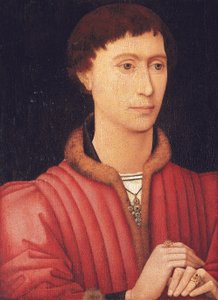 若い男の肖像、バストの長さ、毛皮で縁取られた赤いダブレット、c.1450-60（パネルに油彩） 作： Rogier van der (circle of) Weyden