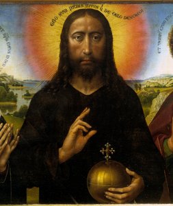 聖母と聖ヨハネの間で救済されたキリストは「トリプティーク・ブラック」と言う。キリストの詳細。ロジェ（ロジャー）・ファン・デル・ウェイデン（1400 - 1464）の絵画 Ec.Flam. 作： Rogier van der Weyden