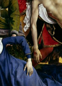 十字架のデポジションまたは下降消えた処女の手とキリストの手のディテール。ロジェの祭壇画（ロジェ） ファン・デル・ウェイデン（1400-1464） 1435年 薄さ2,20 x 0,35 m マドリード、プラド美術館