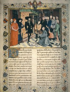 Jean Wauquelin (1452 年没) はエノー年代記の翻訳をブルゴーニュ公フィリップ 3 世に贈呈 作： Rogier van der Weyden