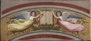 サン・フランソワ・ザビエル教会のためのスケッチ：二人の天使に支えられた福音書、1874年から1876年にかけて（油彩、グワッシュ、水彩、紙） 作： Romain Cazes
