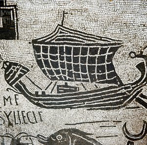 オスティアの港に停泊中のアレキサンドリアからの船（モザイク画 作： Roman