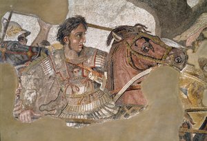 アレキサンダー大王（紀元前356年から323年）の馬ブケパロス。ポンペイの牧神の家のモザイク 作： Roman