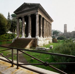 古代ローマ：真実の口の広場（Bocca della verita）の近くにあるポルトゥヌスの神殿（Tempio di Portuno）の風景 前2～1世紀。ローマ 作： Roman