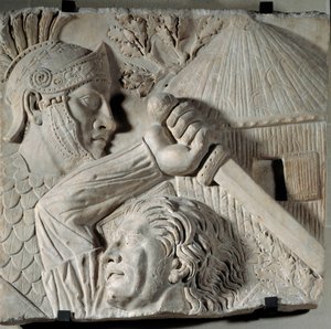 古代ローマのアート。ローマ軍人と戦う野蛮人。低浮彫り、JC後2世紀初頭。ローマ、トラヤヌス広場。日。0.84x0.88m。パリ、ルーヴル美術館（Musee Du Louvre 作： Roman
